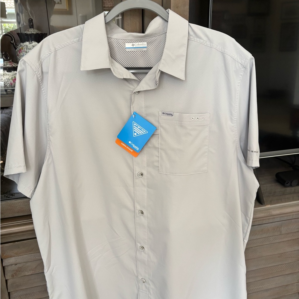 Columbia Men's Light Gray PFG Button Down Shirt- large